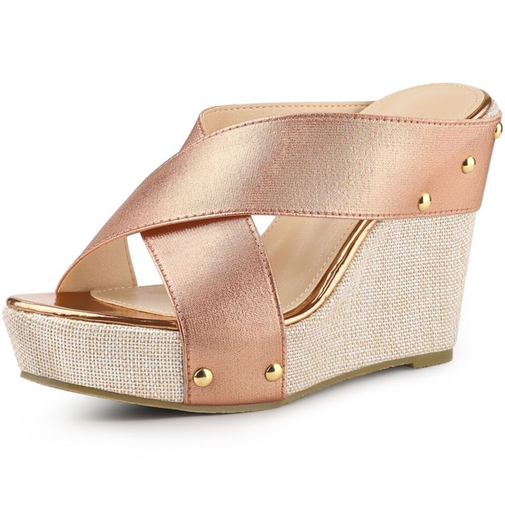 Open Toe Linen Platform Slide Wedge Sandals Rose Gold
